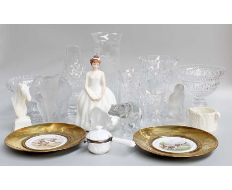 A Collection of Cut Glassware Including, Royal Doulton oil lamp, Mats Jonasson glass elephant figure, three other glass figur