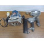 Three tools including a pneumatic tacker air nailer, a Senco air tool and a Ryobi R-500, 110V router