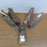 Four assorted planes including a Bailey No. 4 plane, an Acorn plane, a Record No.4 and a Stanley