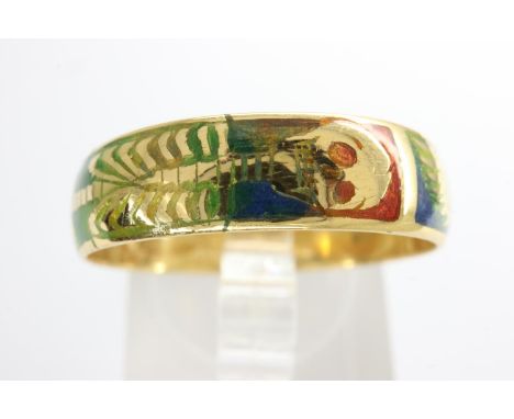 High quality hallmarked 22ct gold and multi coloured enamel band to feature a full skeleton and winged sand timer, size S, 4.