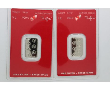 Two 5g Silver Bullion Heraeus bars. P&amp;P Group 1 (£14+VAT for the first lot and £1+VAT for subsequent lots) 