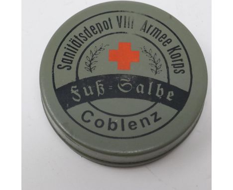 WWI Imperial German army issued tin of foot cream. P&amp;P Group 1 (£14+VAT for the first lot and £1+VAT for subsequent lots)
