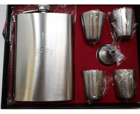 Royal Marine Commando hip flask presentation set, boxed. The flask and cups are engraved with the RM Commando Logo. P&amp;P G