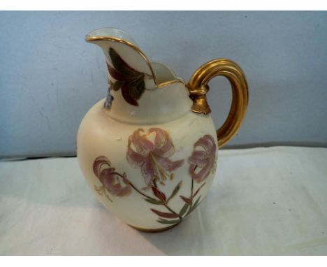 Royal Worcester blush ivory hand painted flatback jug. H:14cm. Crack to spout. P&amp;P Group 2 (£18+VAT for the first lot and