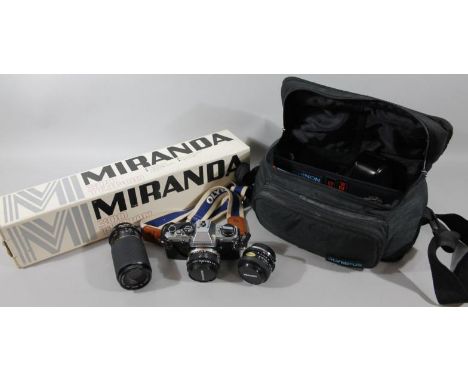 Various cameras, equipment, etc., Miranda lens, 1:2.8 MC macro, Olympus OM10 camera in case, outer travelling case, Miranda 3