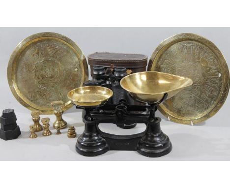 Various bygones, collectables etc., comprising a modern table scale with (removable) brass pan, 28cm wide, cased binoculars, 