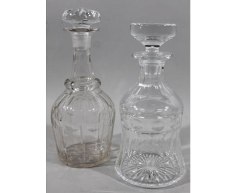 A 20thC cut glass mallet shaped decanter, of shouldered outline with compressed floral stopper, 30cm high, and another bell s