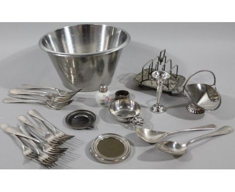 Various metalware, flatware, etc., Christofle spoon, 19cm high, decorative basket, other flatware, candlestick, etc. (a quant