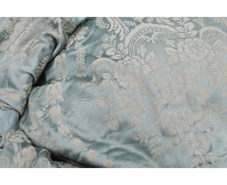 Two similar sets of drape curtains, in textured floral green and gilt material, approximately 156" x 92", etc. (a quantity)