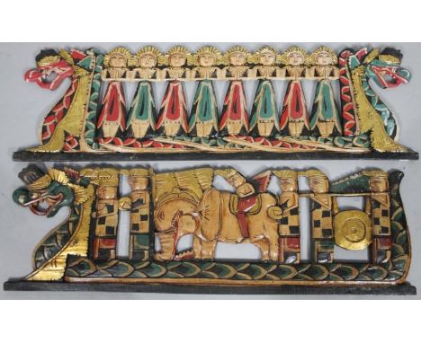 Two modern hardwood panels, each pierced, the first showing many repeat figures of ladies, in red, black and green, the other