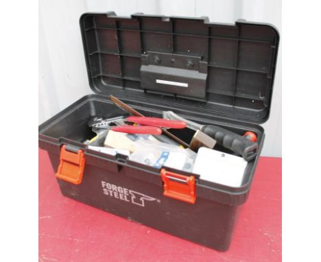 A heavy duty plastic Forget Steel tool chest, 48cm wide, containing various tools, bits, etc. (a quantity)