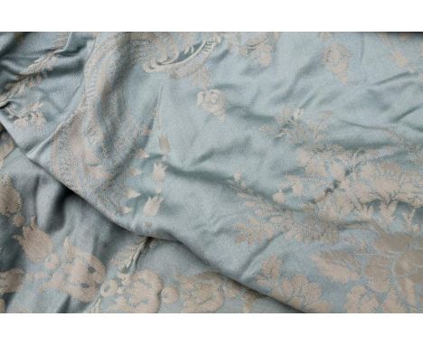 A set of drape curtains, in textured floral material, size unknown, with hook tops.