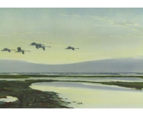 *Peter Scott (1909-1989). Birds in flight on a marshland, print, pencil signed to the mount, with Fine Art Trade Guild waterm