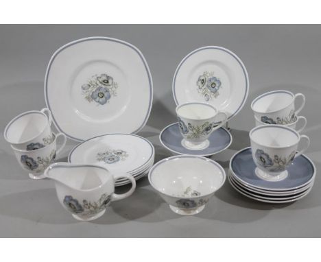 A Susie Cooper Glen Mist bone china part service, comprising six cups, 5cm high, saucers and side plates, milk jug, sugar bow