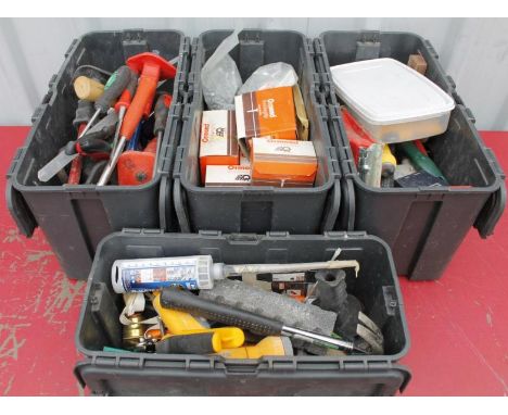 Four various heavy duty plastic tool chests, 47cm wide, containing a quantity of tools, chisels, secateurs, double grip wood 