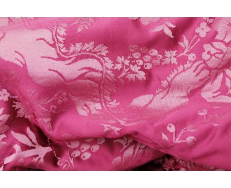A set of drape curtains, tassel fasteners, in red textured floral material, approximately 158" x 68". 