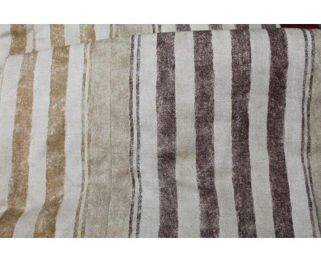 A pair of drape curtains, in striped brown and textured material with fasteners, approximately 142" x 74"/ 