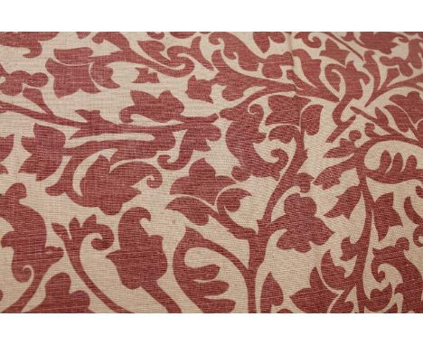 A set of textured floral curtains, in red and cream, approximately 120" x 80".