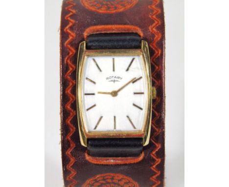 A gentleman's Rotary wristwatch, with 3cm wide shaped rectangular dial with baton numerals and pointers with calf leather str