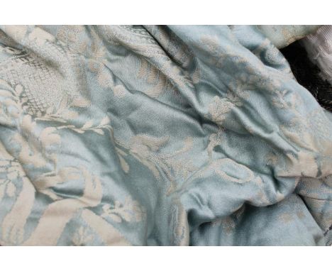 A set of material curtains, in green and floral material with pelmet, size unknown. (2)