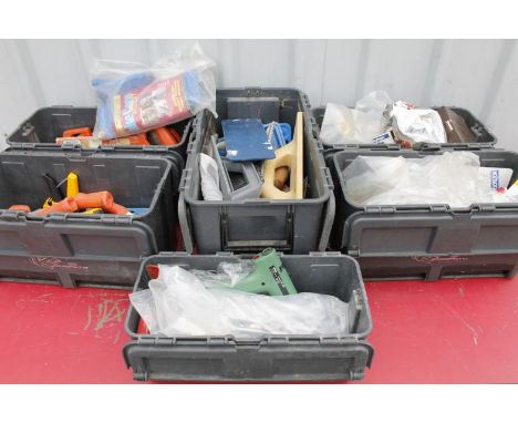 Six various heavy duty plastic tool chests, 44cm wide, containing a quantity of modern hand tools, bits, chisels, hammers, sp