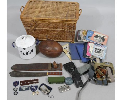 Bygones, collectables, etc., a sheathed cleaver, 60cm wide, brown leather Springbok laced rugby ball numbered 5, enamel bin, 