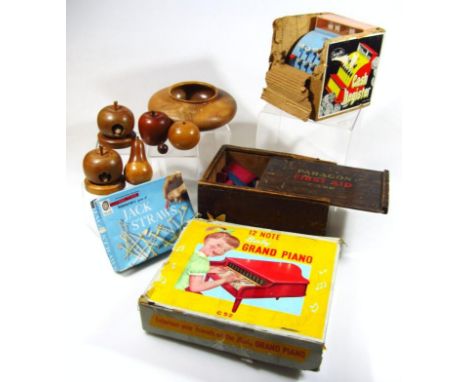 A Fairylite child's toy cash register, 20cm high, a twelve nut baby piano. (2, partially boxed), Jack Straws game, Paragon fi