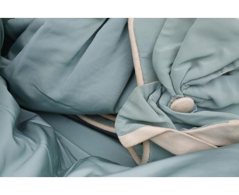 A set of drape curtains, in turquoise coloured material, approximately 108" x120".