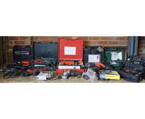 Various electrical and power tools, to include a Black & Decker drill, 22cm high, Wickes jigsaw, various other cased electric