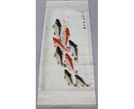 20thC School Chinese scroll, watercolour on paper, signed, in a part fitted box, 70cm wide.