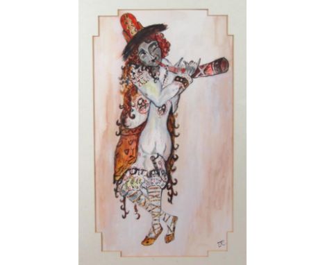 20thC School.  Figure playing musical instrument, watercolour, initialled, possibly C R, 41cm x 23cm.