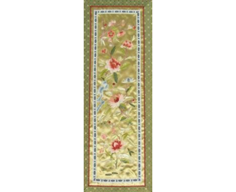 20thC Chinese School.  Flowers, silk work, possibly epaulette, 60cm x 24cm, mounted and framed.