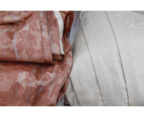 Two sets of similar drape curtains, in peach floral pattern with pelmet, approximately 113" x 76", etc. (a quantity)