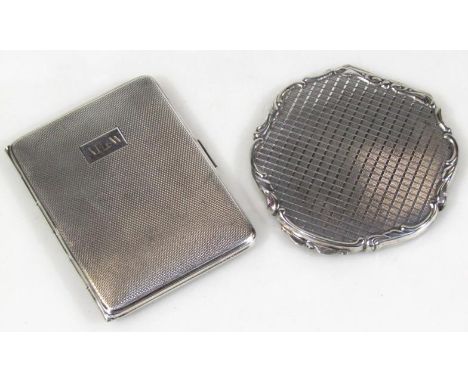 An engine turned cigarette box, engraved A.H.D.W stamped Alpacca, and a similar powder pack possibly German, white metal, 4oz
