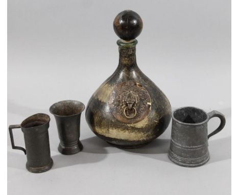 Various metalware, etc., comprising of a glass decanter with leather cover and brass lion mask handles of modern construction