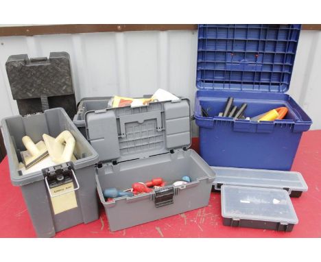 A modern Keter plastic tool chest, 44cm wide, containing a large quantity of various tools, chisels, saw, a small quantity of