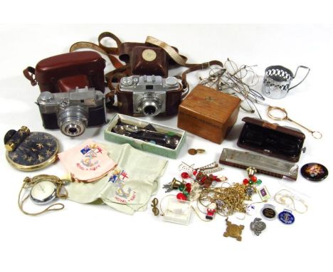 Bygones, collectables, cameras, spoons etc., Koroll camera, 11cm high, in leather case, pocket barometer, costume jewellery, 