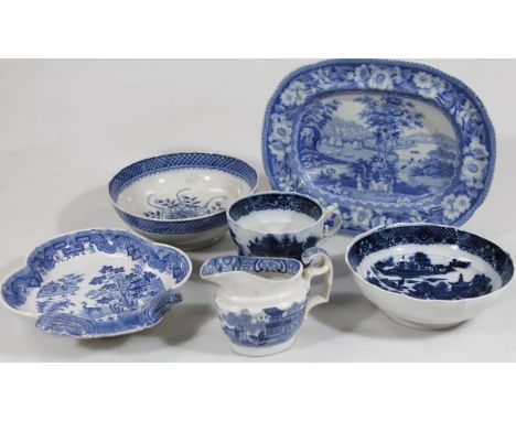 A 19thC Riley's semi China Pearlware dish, in the Europa pattern, 27cm wide, a Newhall Swimming Ducks pattern jug, clover sha