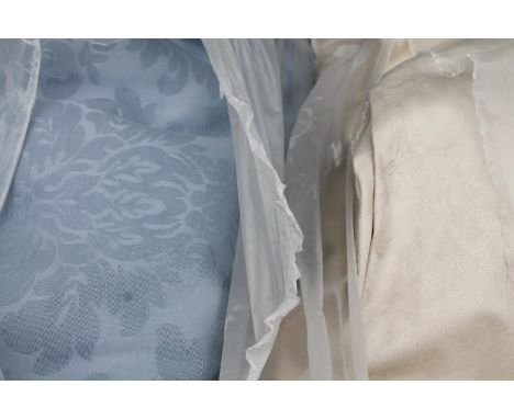 Three single sets of similar drape curtains, in blue floral textured material, approximately 120" x 104", and another set pla