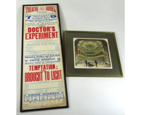 A vintage Theatre Royal Lincoln poster, The Doctor's Experiment, printed in colours, 77cm x 27cm, glazed and framed, and a Ho