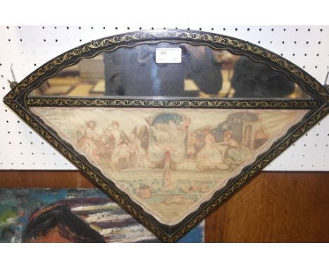 A mirror in the shape of a fan with inset hand painted Neo-Classical study on linen