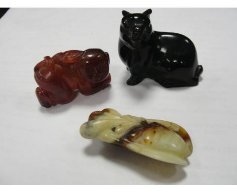 2 x 19th century Chinese hardstone carved animals to include black stone rabbit, moth netsuke and red agate naked man