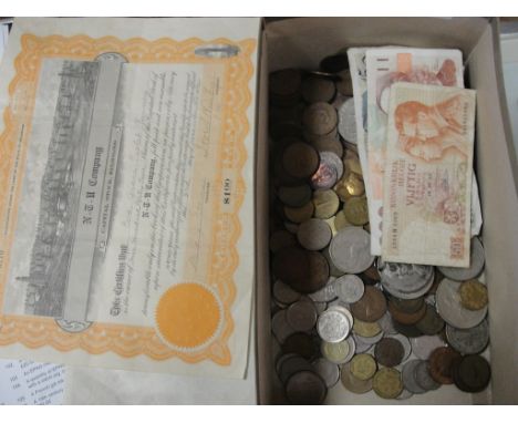 A quantity of vintage coins: World and GB, tokens, banknotes and Share Certificates