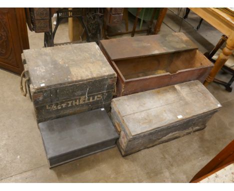 A pine ammunition box and three pine tool boxes 