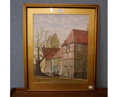 R. Hegemann, village street scene, watercolour, framed 