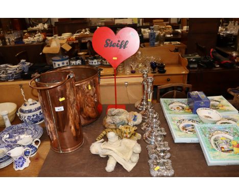 Three Steiff style soft toys and a Steiff advertising sign 