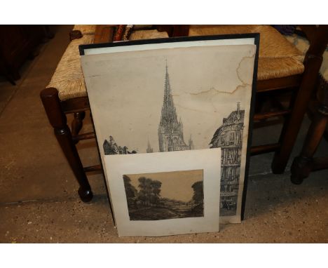 A black and white etching signed to bottom right and dated 1944 and two pencil signed R. D. Winter engravings