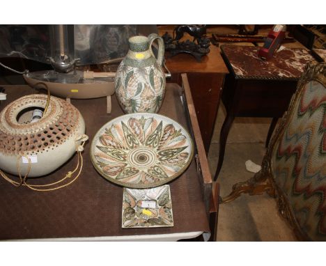 A Denby shallow bowl; a Denby pitcher; and a matching square shaped dish 