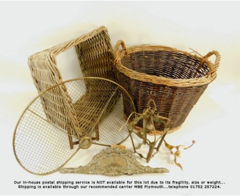 WICKER BASKET ETC.A wicker log basket, a brass fireguard with grate fitment, a square wicker basket without base etc.