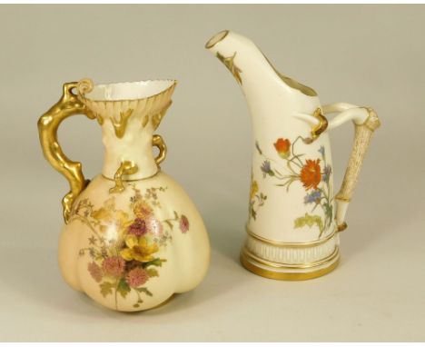 ROYAL WORCESTER. A Royal Worcester jug with 'antler handle', No.1116. Also, one other Royal Worcester jug with crabstock hand